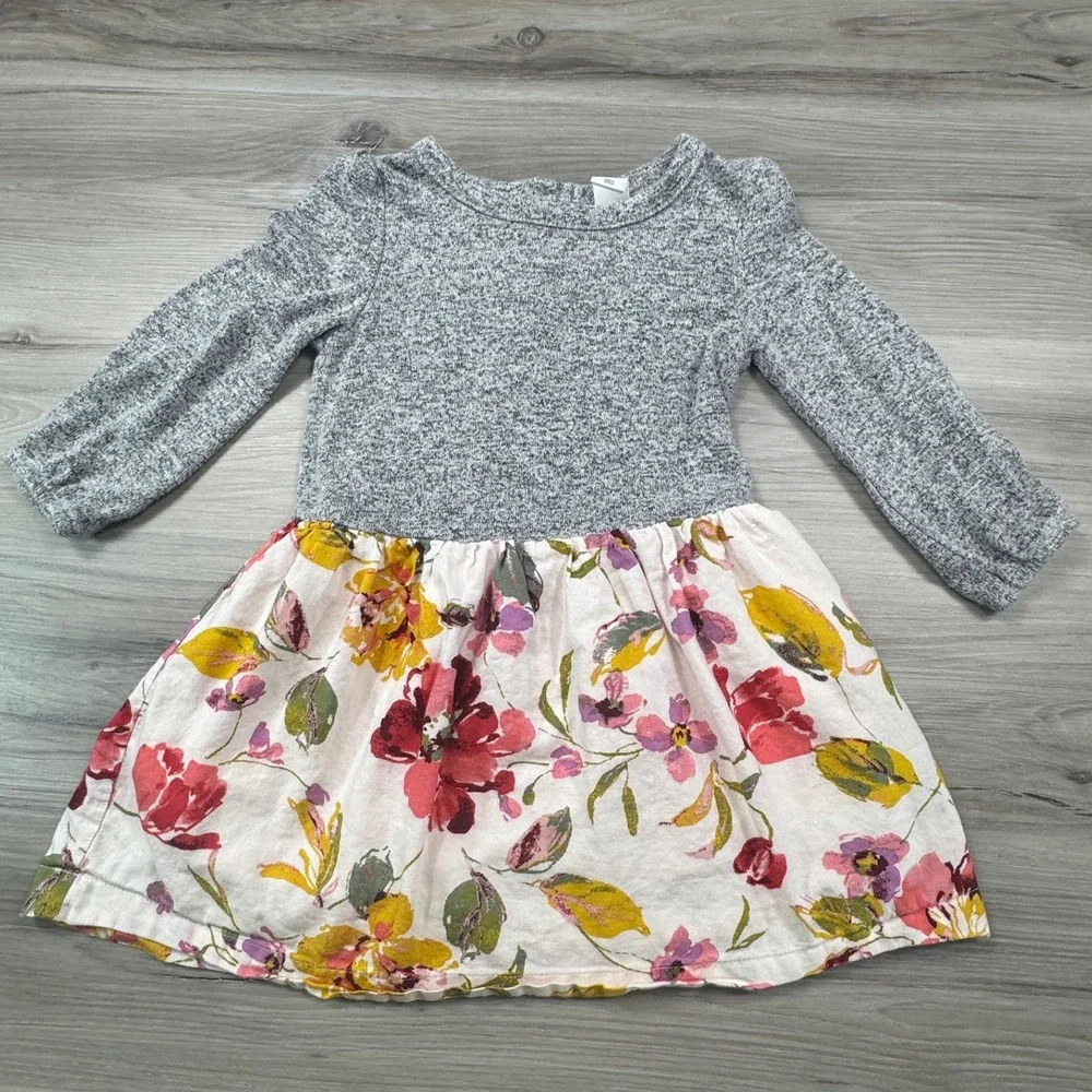 Gap Toddler Girls Long Sleeve Floral Mixed‎ Media Dress Grey Pink Yellow Size 3T